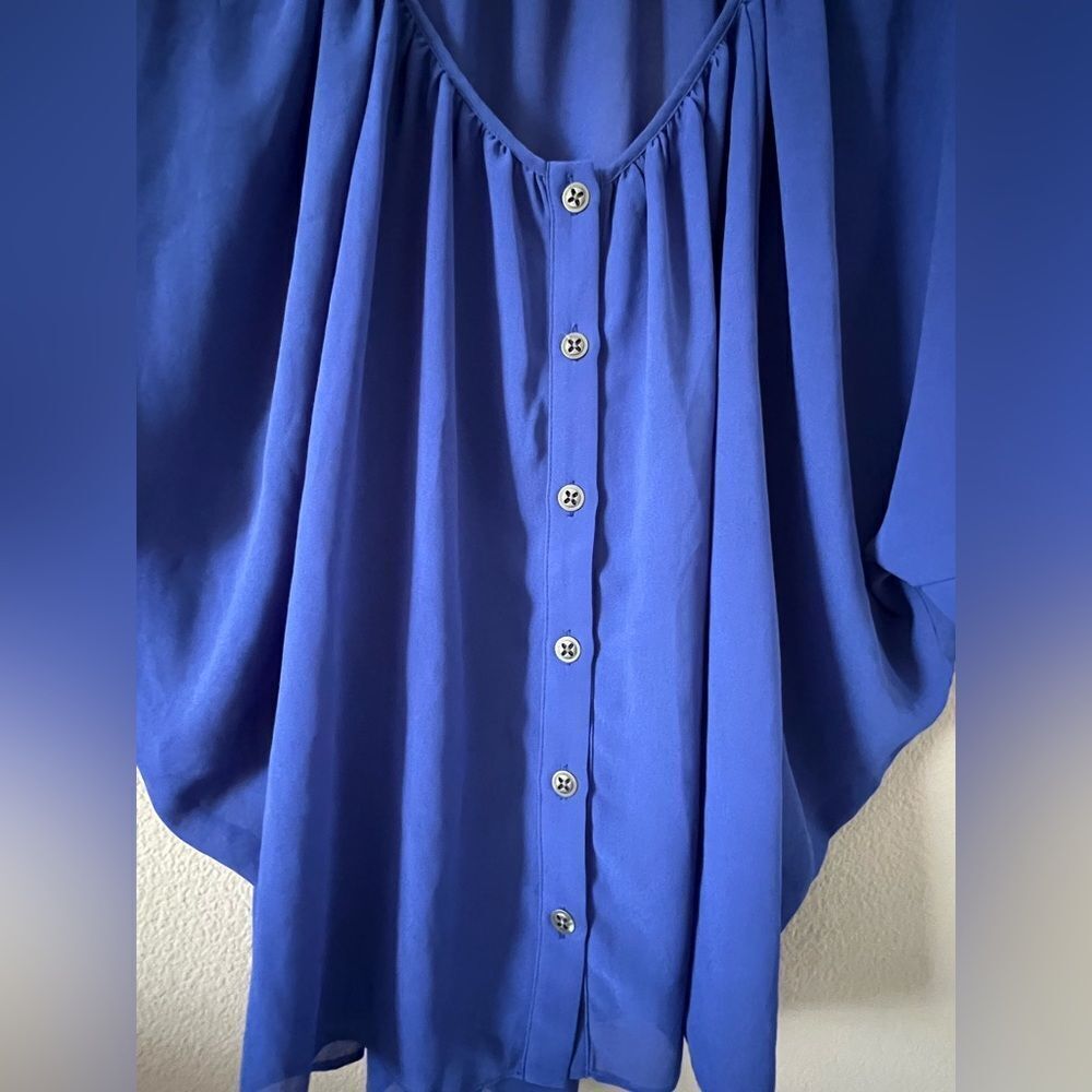 Lush Royal Blue V Neck Chiffon Blouse - Picture 3 of 9